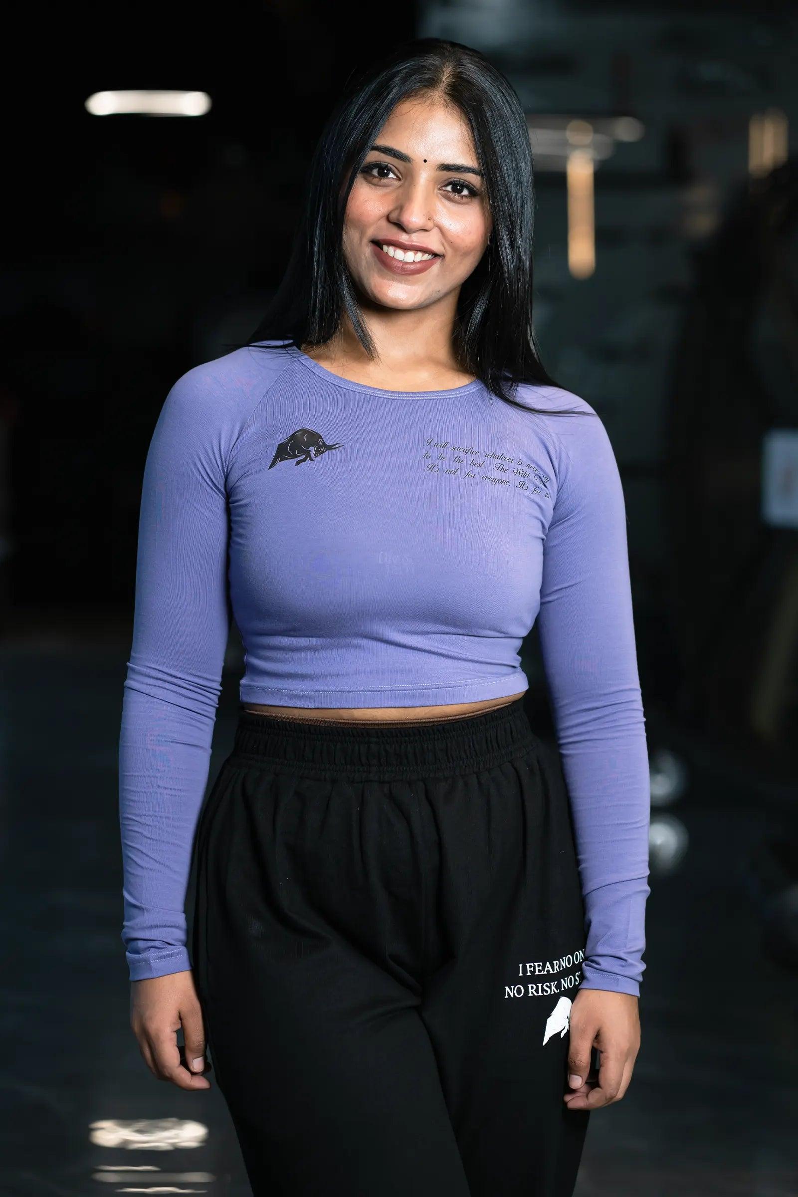 WILD VERVE LIFTING LONG SLEEVE CROP TOP (VERVE VIOLET) Lace Blend Ribbed Blend Corduroy Blend