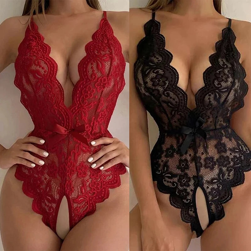 Sexy Lingerie Women Sleepwear Open Croth Bodysuit Teddy Transparent Lace Lingerie Deep V Open Bra Lenceria Porno Underwear Set Elegant Satin Bodysuit