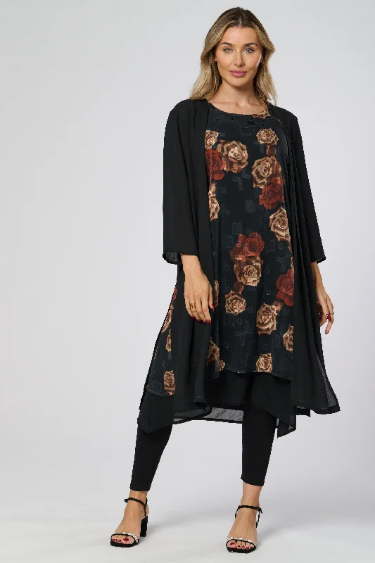 Saloos Roses Print Dress and Jacket Twinset with Necklace Appliqued Jacket Beaded Jacket Sequined Jacket
