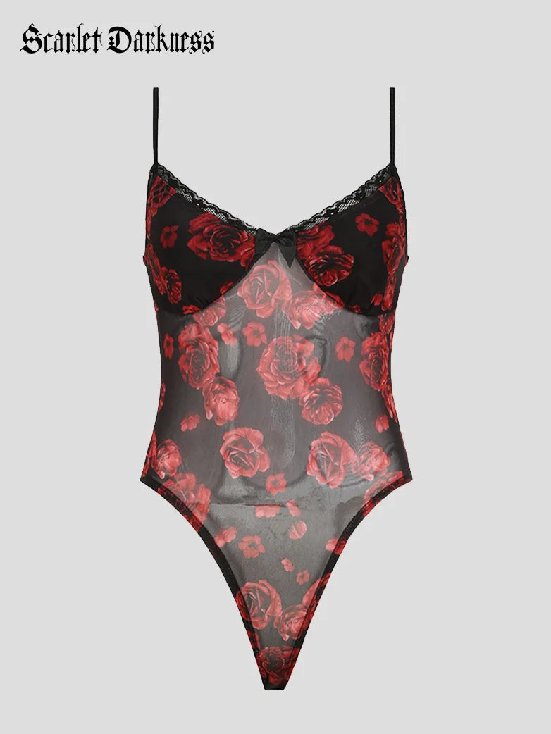 Scarlet Darkness Bodysuit Stretch Rose Mesh Camisole Trendy Bodysuit with Tulle