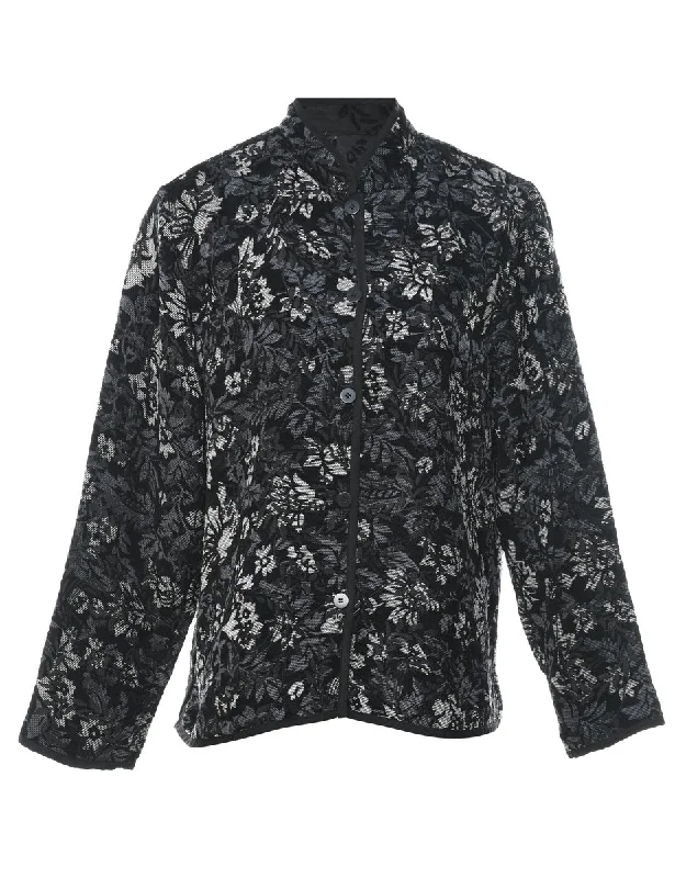 Floral Pattern Black & White Button-Front Tapestry Jacket - L Jersey Jacket Tulle Jacket Batik Jacket
