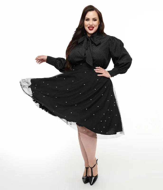Magnolia Place Plus Size Black & Faux Pearl Sally Swing Skirt button skirt front