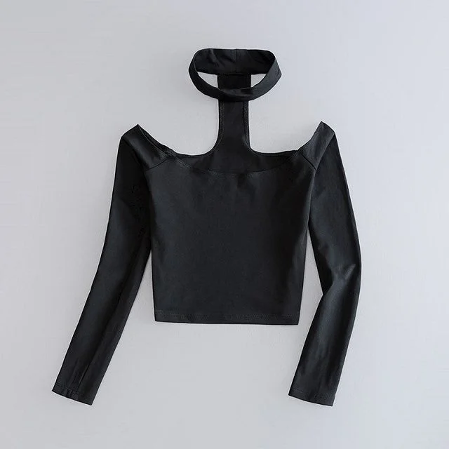 Women's Long Sleeve Crop Top With Choker Slash Neck Welt Pockets Slit Pockets Flap Pockets