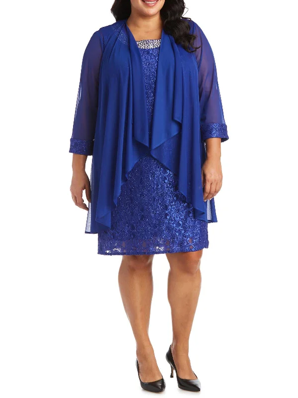 Plus Womens Lace Floral Print Dress With Jacket Collared Jacket Crew Neck Jacket Turtle Neck Jacket