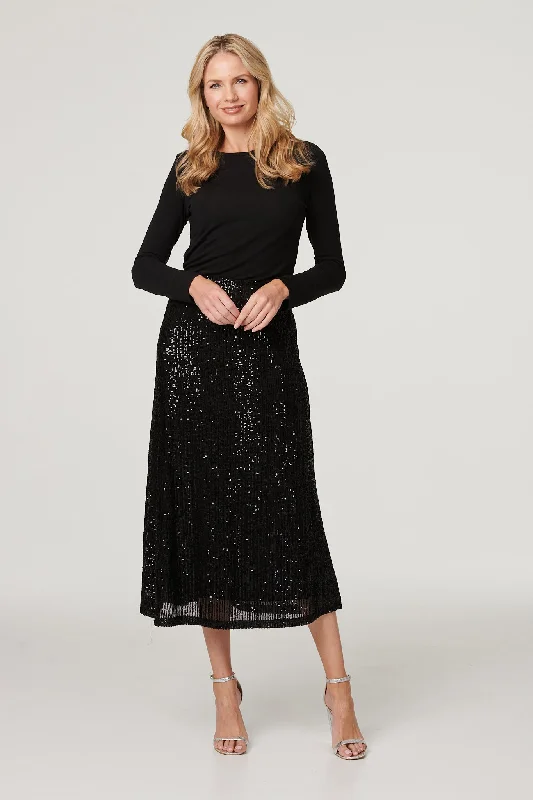 Sequin High Waist Semi Sheer Midi Skirt wool skirt sturdy