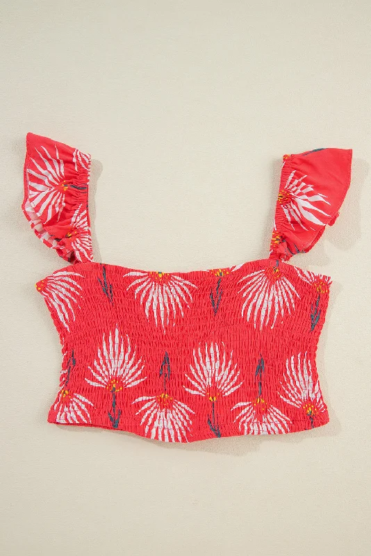 Summery Red Maxi Skirt and Crop Top Set Asymmetrical Pockets Print