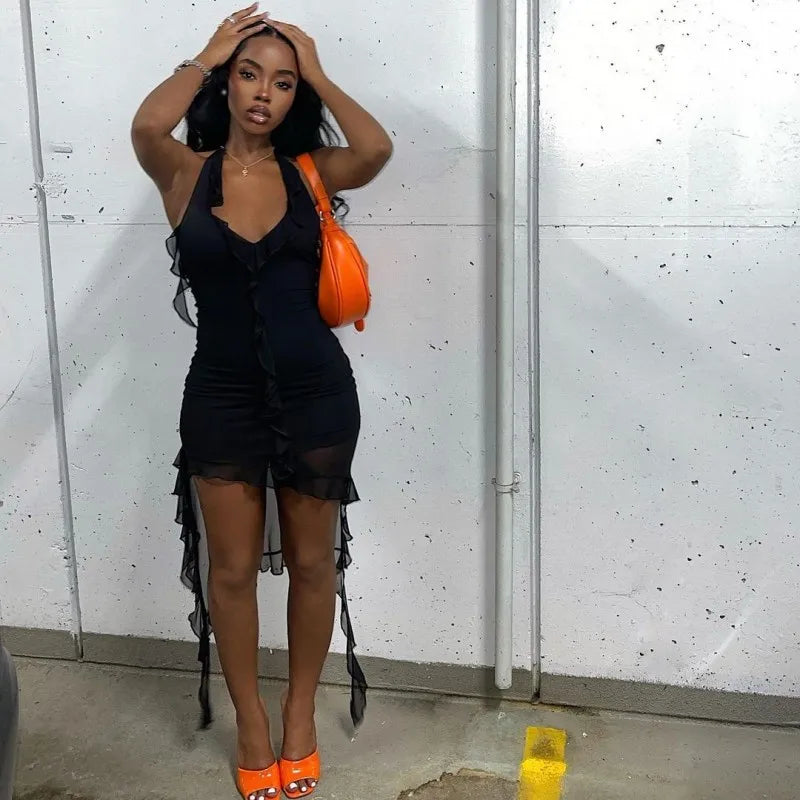 Bonnyshow Summer New Fashion Sexy See Through Irregular Dress Bodysuit Club Party Dress Vestidos Trendy High-Leg Bodysuit