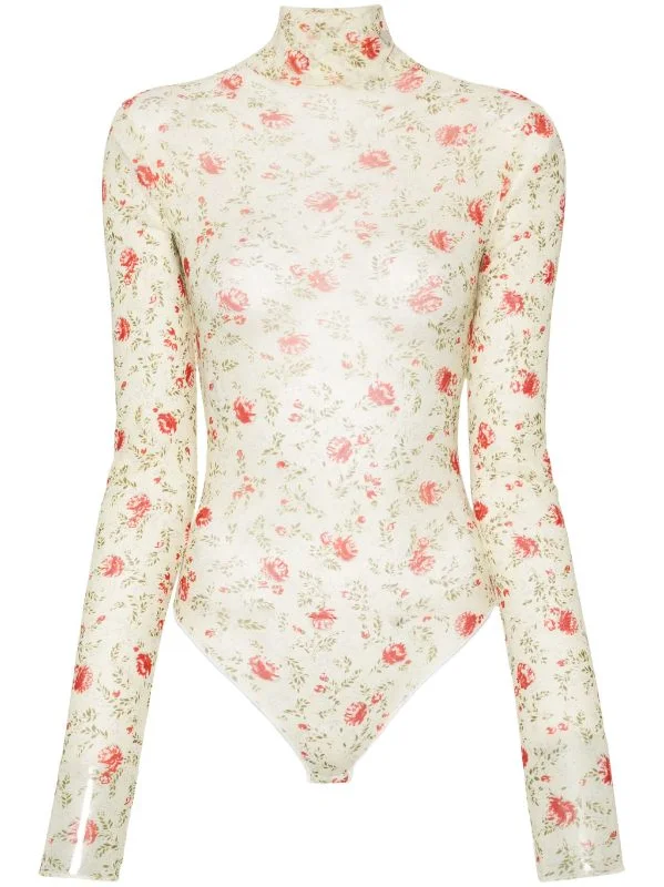floral mesh bodysuit Trendy Bodysuit with Zipper