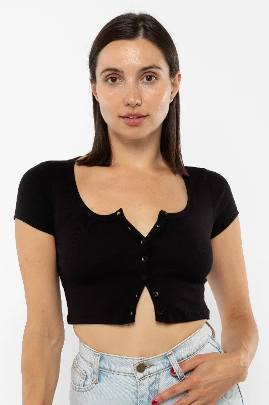 43025 - Baby Rib Short Sleeve Button Up Crop Top Fashionable Trendy Casual
