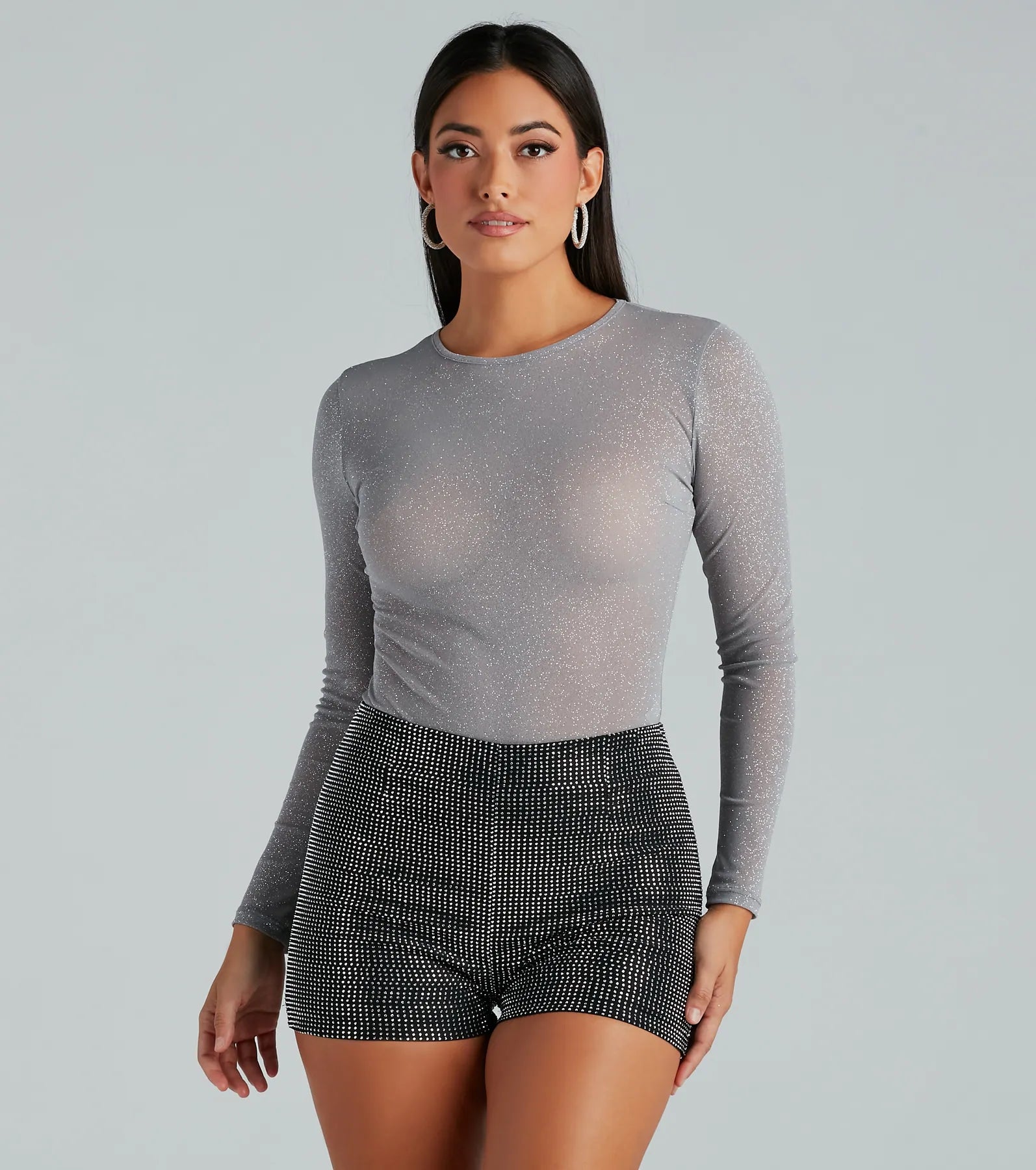 Center Stage Glitter Mesh Long Sleeve Bodysuit Cozy Stretch Bodysuit