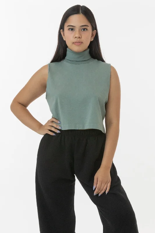 18323GD - Garment Dye Sleeveless Turtleneck Crop Top Solid Color Striped Floral