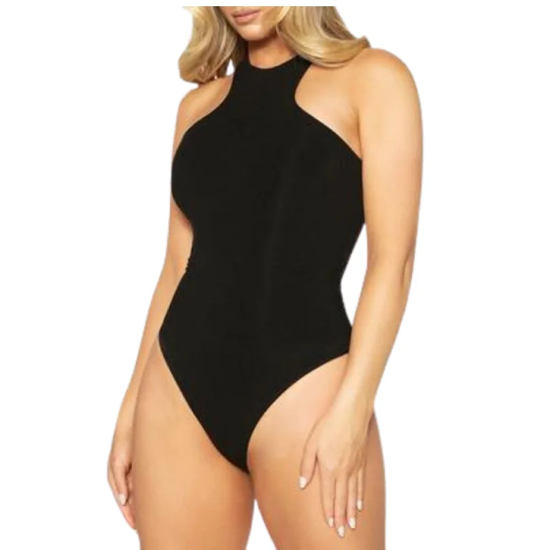 NAKED WARDROBE - Knit Ribbed Bodysuit Fashionable V-Neck Bodysuit