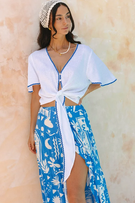 Francesca White Blue Ric Rac Crop Top Ribbed Striped Patterned