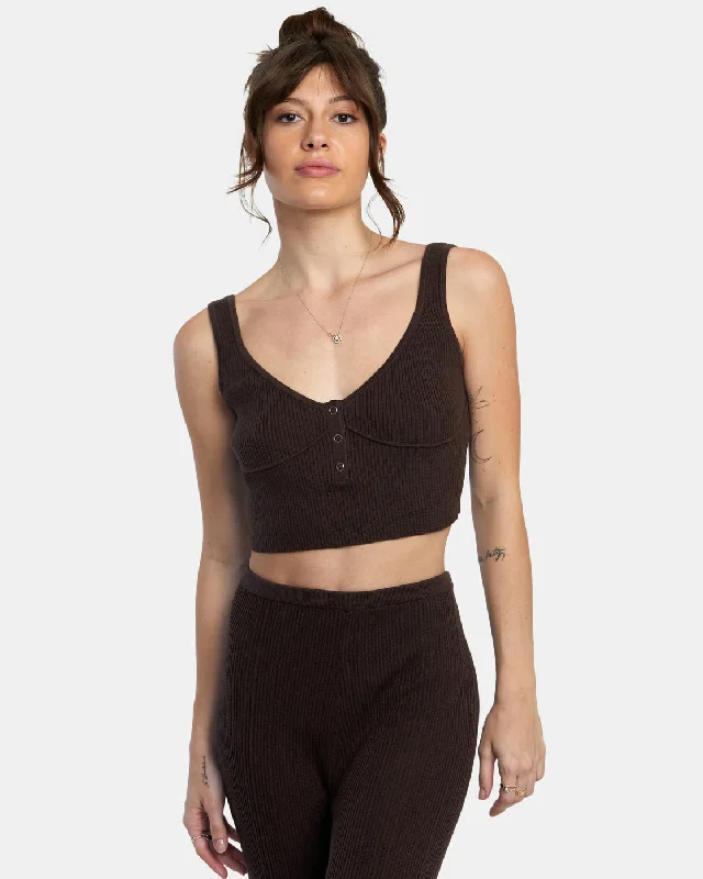 Swerve Henley Rib Knit Crop Top - Java Ribbed Striped Patterned