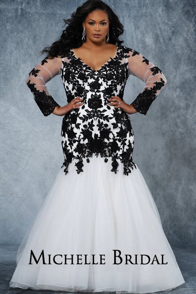 Michelle Bridal For Sydney's Closet MB2026 Fit And Flare Silhouette Deep V-Neckline Scalloped Lace Illusion Sleeves Fitted Tulle Skirt Plus Size "Mimi" Bridal Gown denim skirt classic