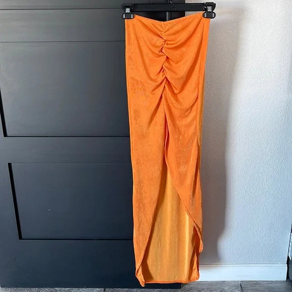 Orange Slinky Ruched Front Maxi Skirt linen skirt relaxed