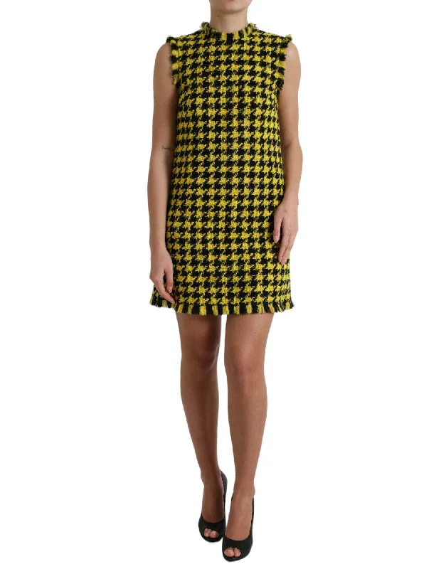 Dolce & Gabbana Houndstooth Knitted Chic Yellow Mini Skirt high waist skirt