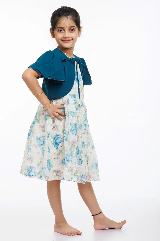 Chic Blue Floral Cotton Dress with Stylish Jacket for Girls Embroidered Jacket Appliqued Jacket Beaded Jacket