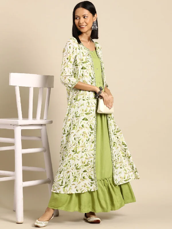 Women's Green Embroidered Flared Dress With Prinrted Jacket - Nayo Clothing Print Jacket Jacquard Jacket Patchwork Jacket