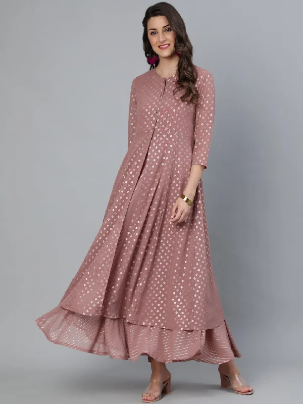 Women's Mauve Foil Printed Dress With Three Quater Sleeves Jacket - Nayo Clothing Striped Jacket Polka Dot Jacket Floral Jacket