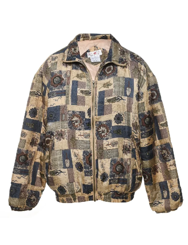 Floral Pattern Beige & Navy Silk Jacket - M Chenille Jacket Brocade Jacket Lace Jacket