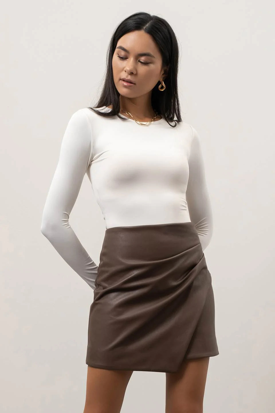IVORY SOLID ROUND NECK LONG SLEEVE BODYSUIT Comfortable Adjustable Strap Bodysuit