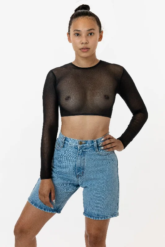 RNS079 - Micro Mesh Long Sleeve Crop Top Boxy Fit Fitted Loose