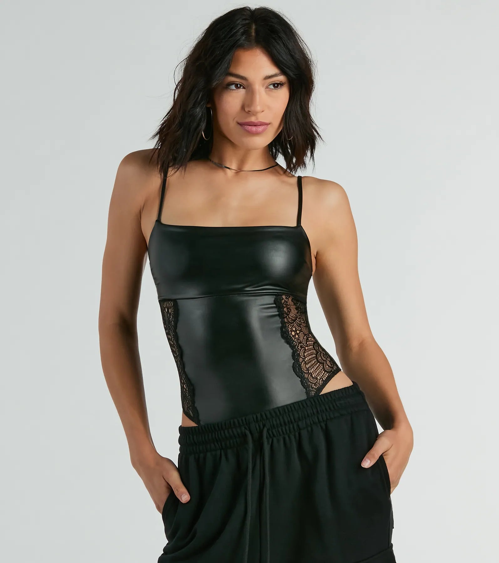 Daring Encounter Lace Faux Leather Bodysuit Comfortable Velvet Bodysuit
