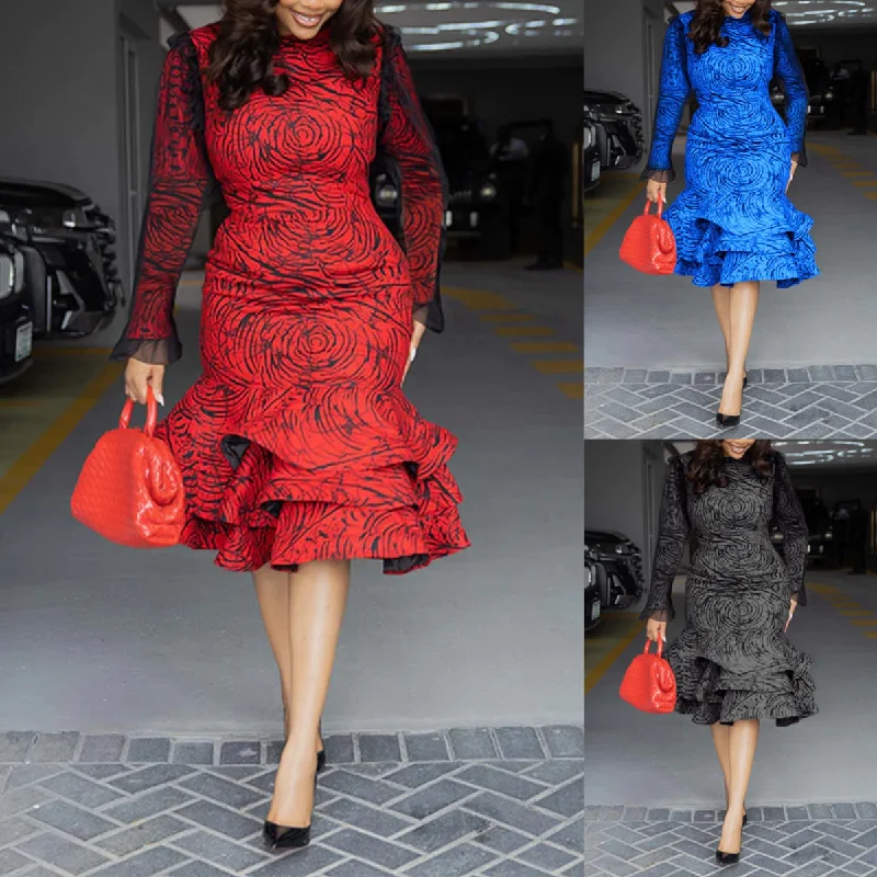 Printed Round Neck Long Sleeve Mesh Stitching Flounced Skirt patchwork skirt art