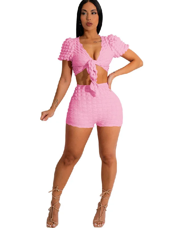 Two Piece Bubble Crop Top & Shorts Sequined Glittery Shiny