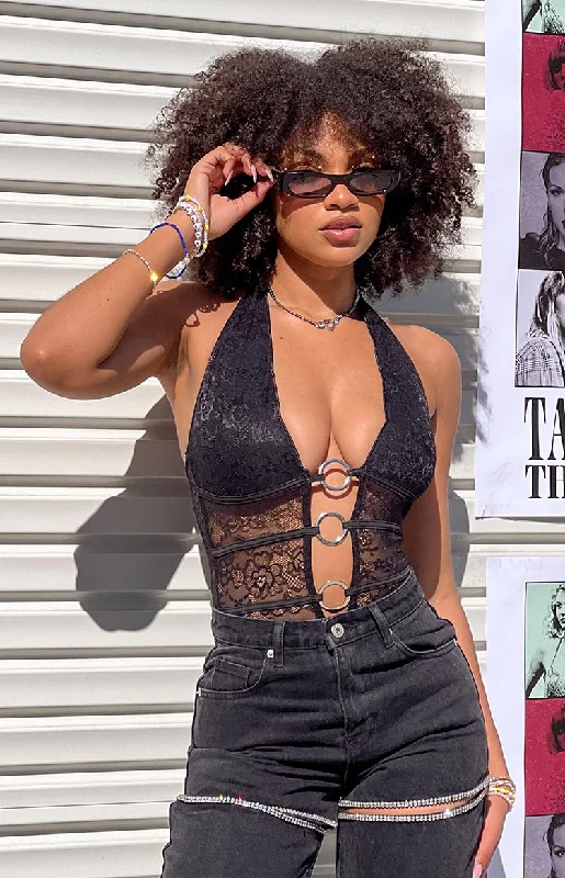 Tatiana Black Lace Halter Bodysuit Trendy Activewear Bodysuit