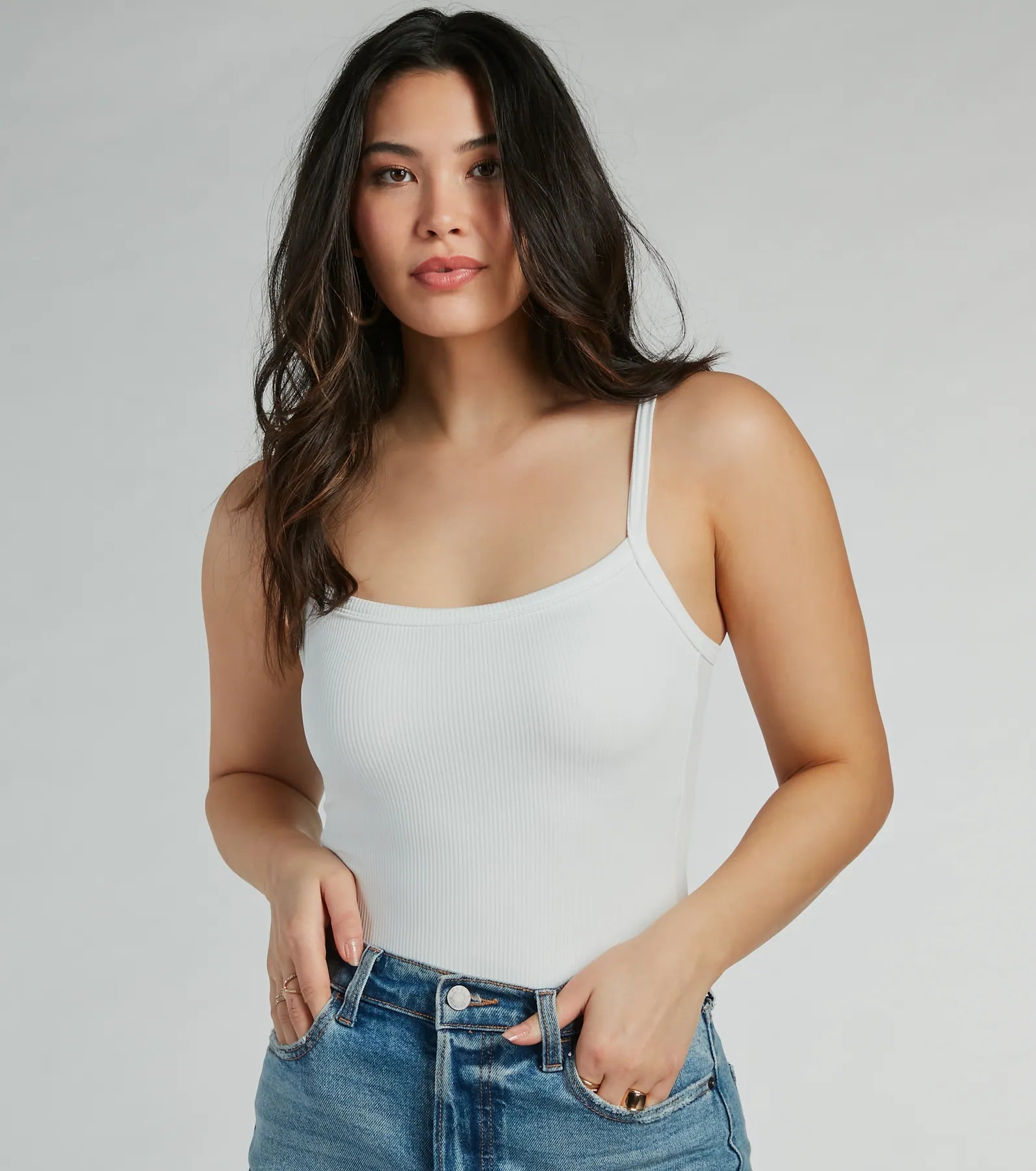 Smooth Silhouette Square Neck Rib Knit Bodysuit Elegant Back Zip Bodysuit