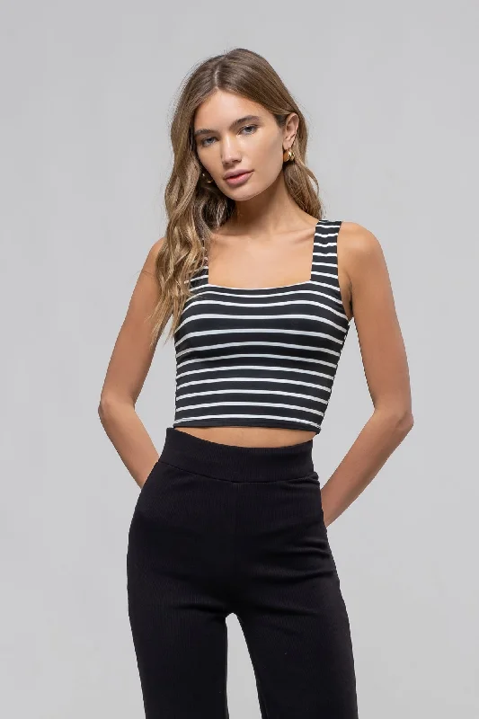 The Harlow Black Striped Crop Top Zippered Front Buttoned Front Snap Front