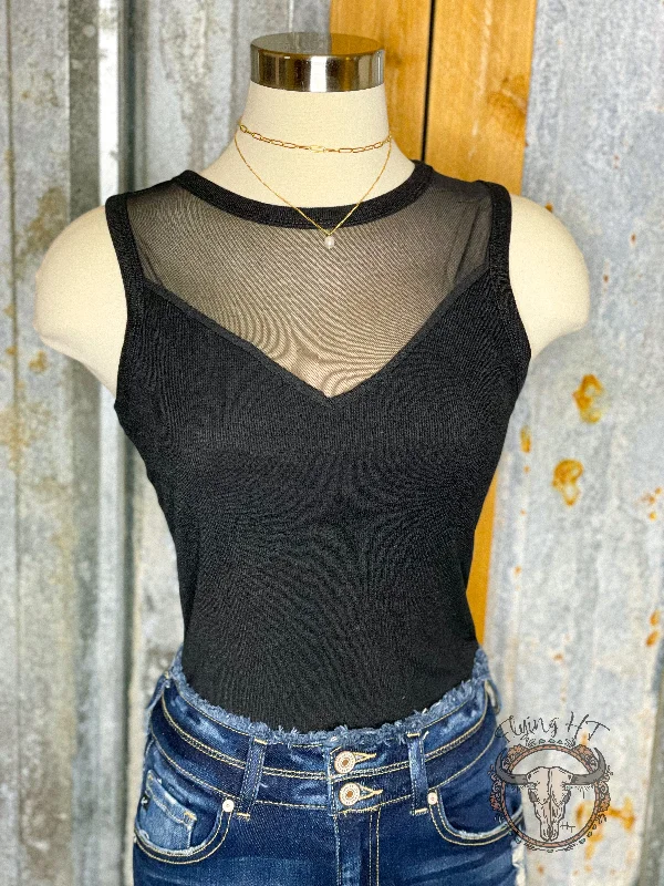 Mesh Patchwork Sleeveless Bodysuit Fashionable Square Neck Bodysuit
