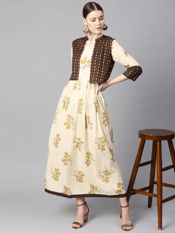 Women's White Floral Gold Printed Round Neck 3/4Th Sleeve Printed Maxi With Brown Geometrical Gold Printed Jacket. - Nayo Clothing Bomber Jacket Anorak Windbreaker
