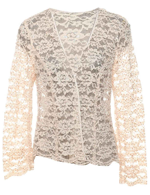 Floral Pattern Lace Off-White Jacket - M Tailored Jacket Straight Jacket A-Line Jacket