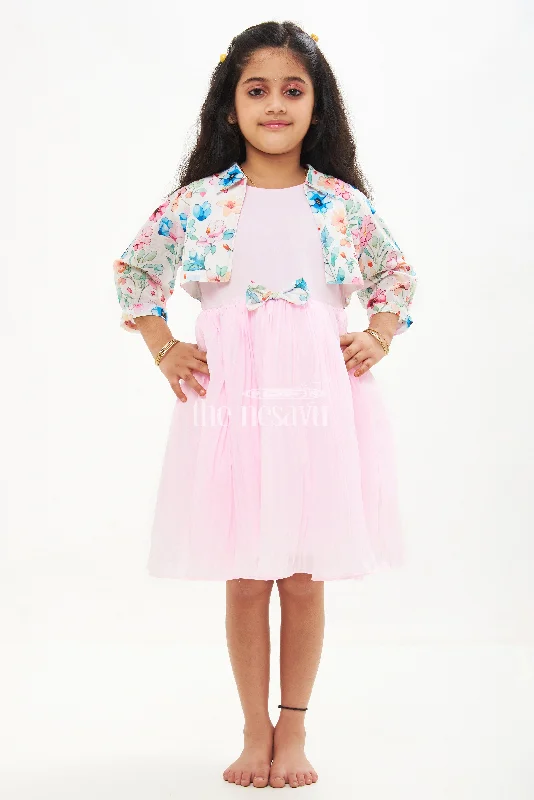 Pink Georgette Pleated Frock with Floral Jacket for Girls Satin Jacket Silk Jacket Chiffon Jacket
