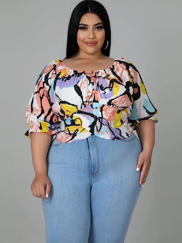 Plus Size Short Sleeve Floral Print Crop Top Fleece Nylon Spandex