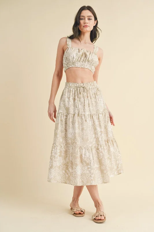 The Rona Taupe Floral Crop Top + Skirt Set - Sold Separately Collared Crew Neck Turtle Neck