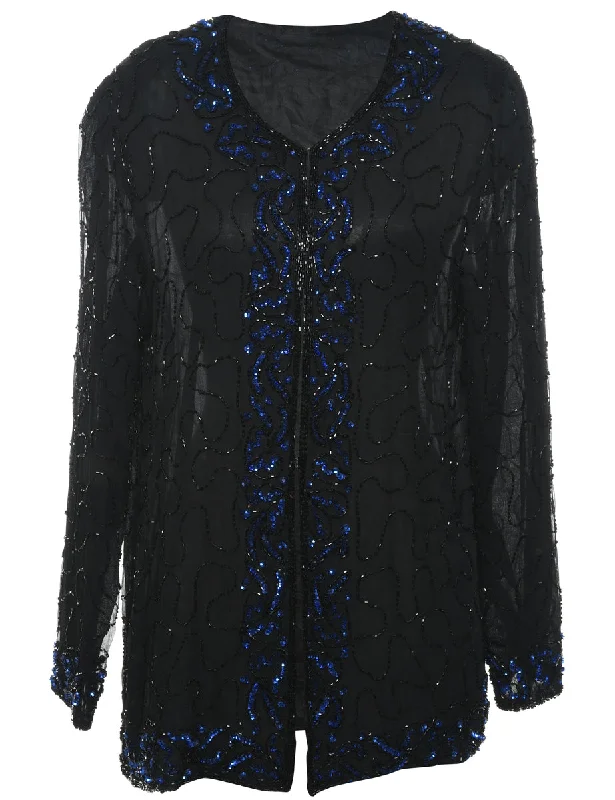 Beaded Black & Blue Evening Jacket - M Snapped Jacket Toggled Jacket Drawstring Jacket