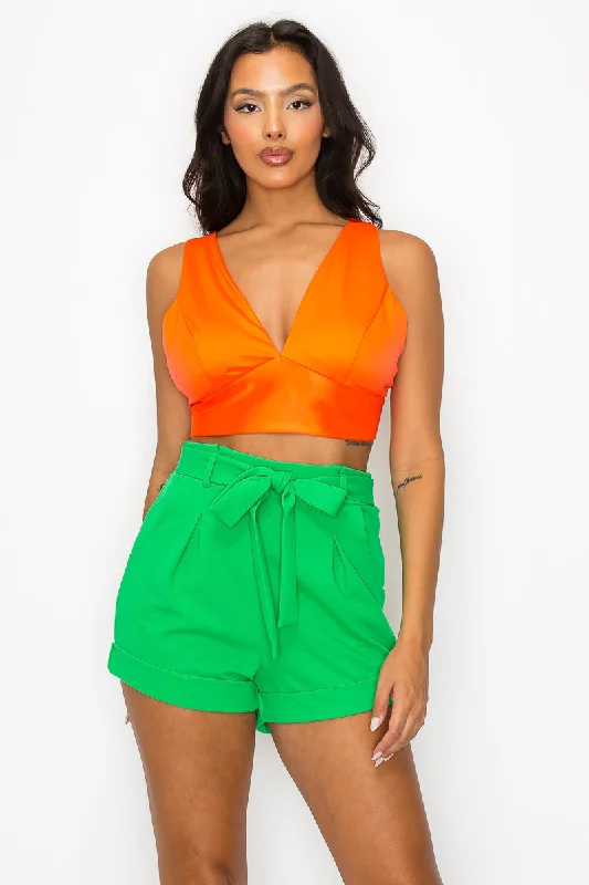 Stacy Orange Satin Bra Crop Top Seamless Knitted Crochet