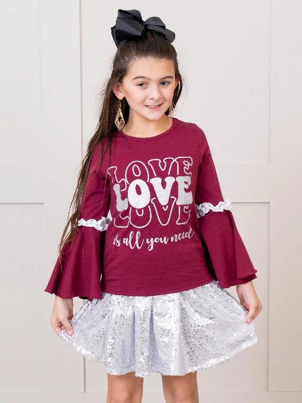 Maroon "Love is All You Need" Ruffle Outfit w/ Skirt corduroy skirt durable