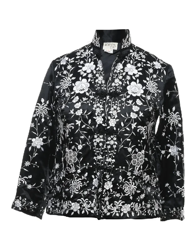 Embroidered Black & Silver Floral Evening Jacket - M Hoodie Zip-Up Jacket Button-Up Jacket