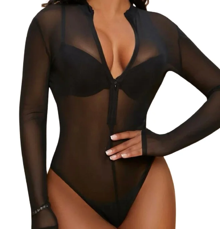 THIGHBRUSH® - Zipper Front Long Sleeve Sheer Mesh Bodysuit - Black Stylish Bodysuit with Adjustable Straps