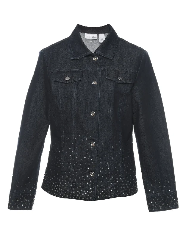 Black Embellished Denim Jacket - M Print Jacket Jacquard Jacket Embroidered Jacket