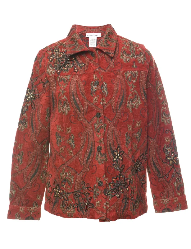 Red & Dark Green Abstract Pattern Tapestry Jacket  - M Print Jacket Jacquard Jacket Embroidered Jacket