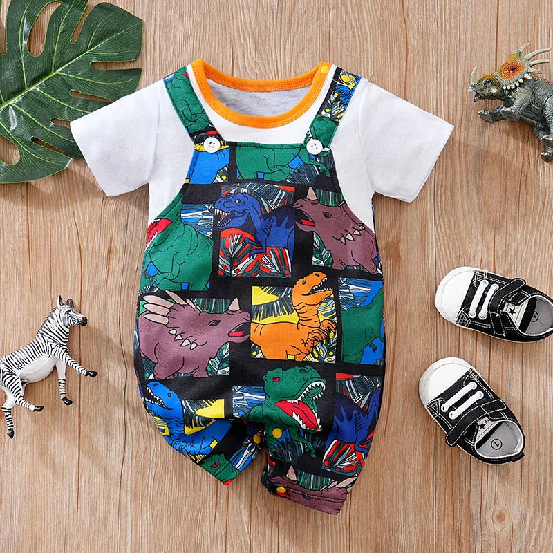 Summer Boys And Girls Handsome Cartoon Strap Dinosaur Print Comfortable Casual Short Sleeve Baby Bodysuit Trendy Sculpting Bodysuit