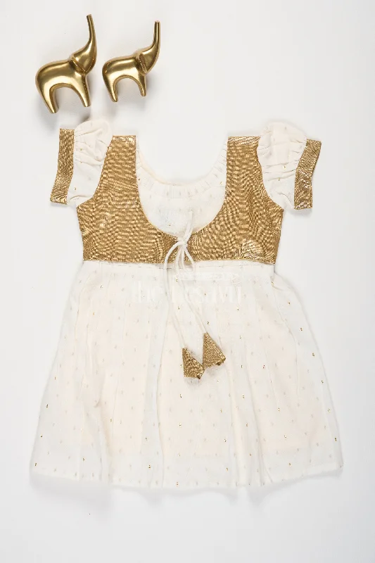 Cream Cotton Onam Frock with Antique Tissue Jacket and Puff Sleeves for Girls Wool Jacket Cashmere Jacket Tweed Jacket