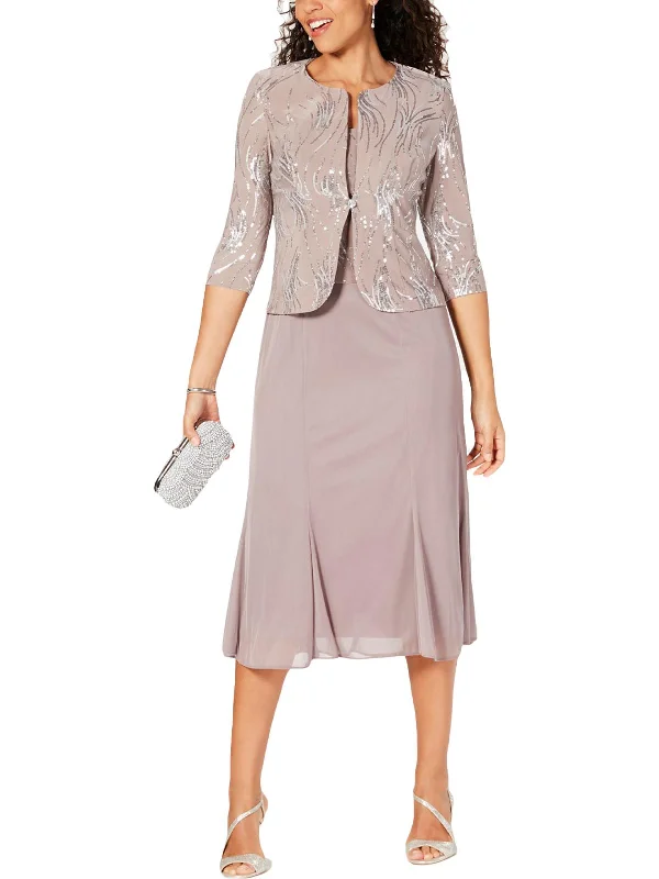Petites Womens Sequined 2PC Dress With Jacket Oversized Jacket Tailored Jacket Straight Jacket