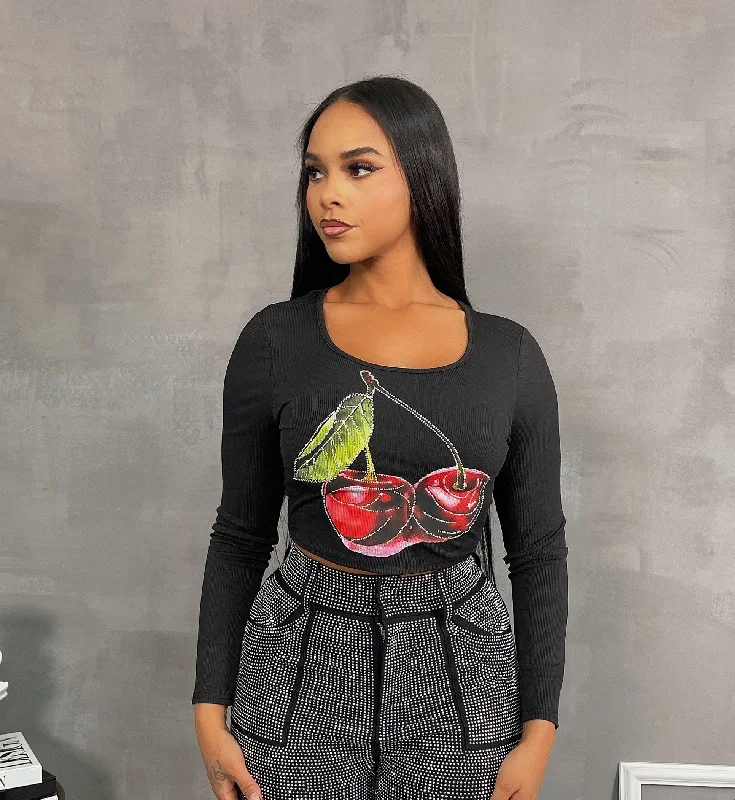 CH5801P - RHINESTONE CHERRY LS CROP TOP Chenille Fabric Brocade Fabric Lace Fabric